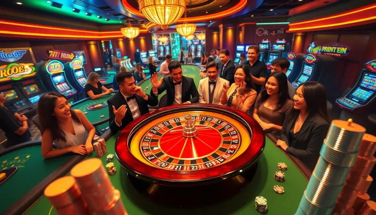 Experience the thrill of 789 win at a luxurious casino with vibrant tables and excited players.