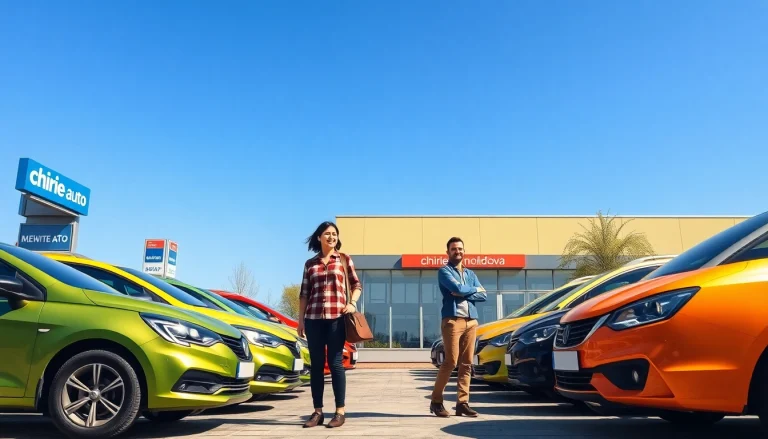 Chirie auto Moldova: Happy customers renting a car in Chișinău, showcasing vibrant cars and a friendly rental office.