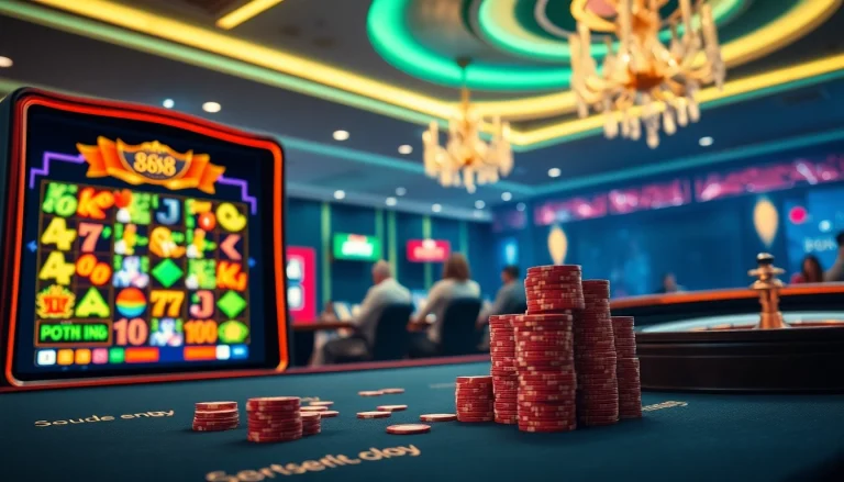 Experience the thrill of gambling at nhà cái 888b with vibrant casino visuals showing poker chips and slot machines.