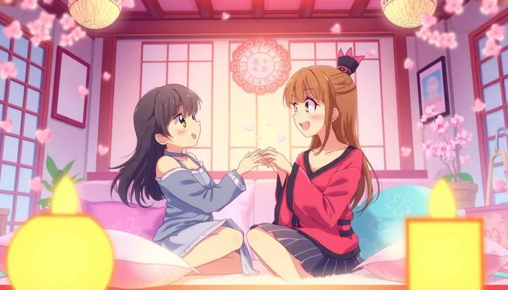 Anime sex scene showcasing playful romance in a colorful Japanese setting