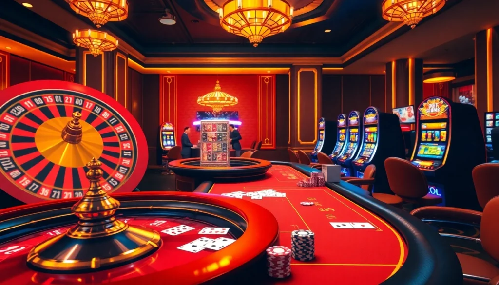 Experience the thrilling action at F8bet with vibrant casino visuals, showcasing poker tables and roulette excitement.