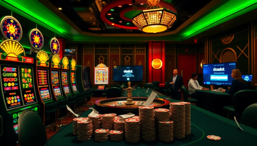 Engaged players enjoying a thrilling atmosphere while navigating doaslot login on a luxurious casino floor.