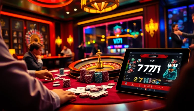 Engage with the thrilling atmosphere of 777VIP casino featuring poker chips and an exciting roulette wheel.