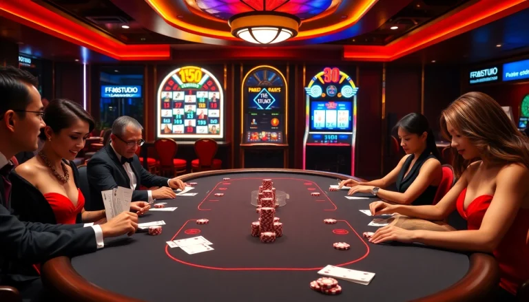 Join the excitement at F168.STUDIO featuring poker chips and a vibrant casino atmosphere.