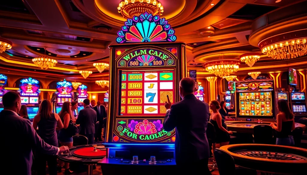 Players enjoying an exciting slot machine experience in a luxurious casino setting.