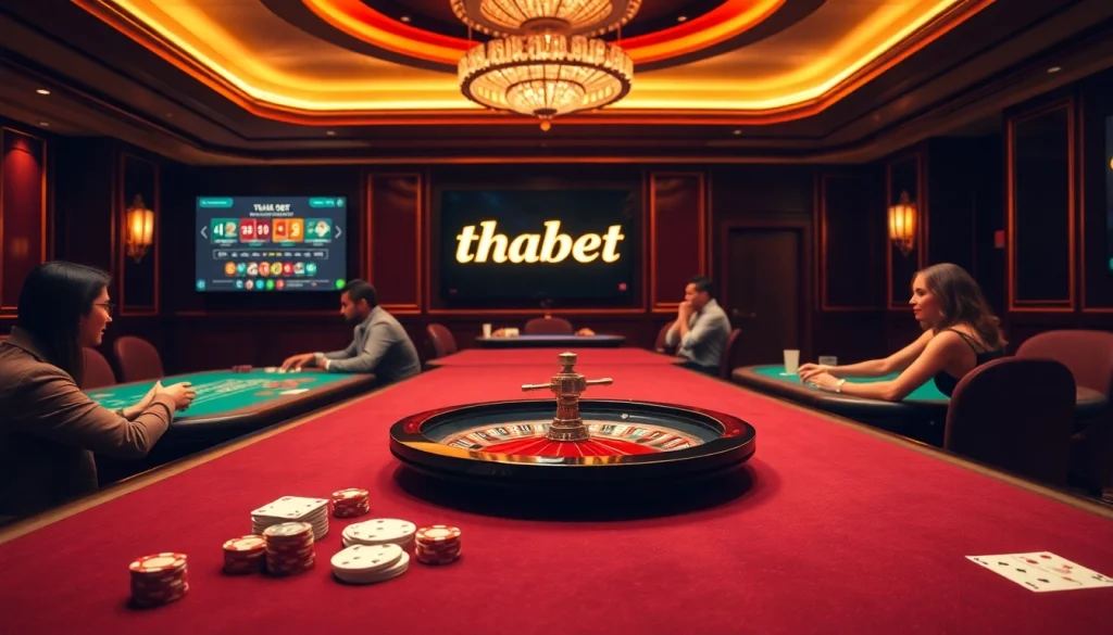 Engaged players enjoying table games at thabet com with vibrant casino elements.