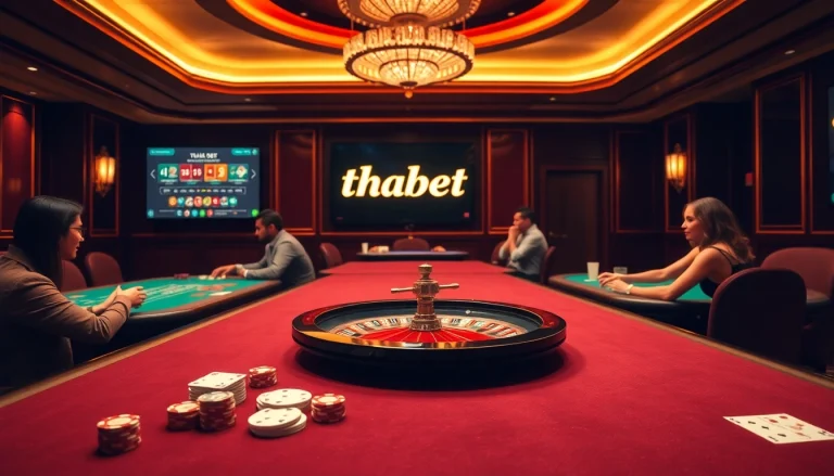 Engaged players enjoying table games at thabet com with vibrant casino elements.