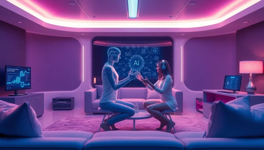 Engaging AI interaction depicting a virtual companion and user, highlighting sex AI advancements in a futuristic setting.