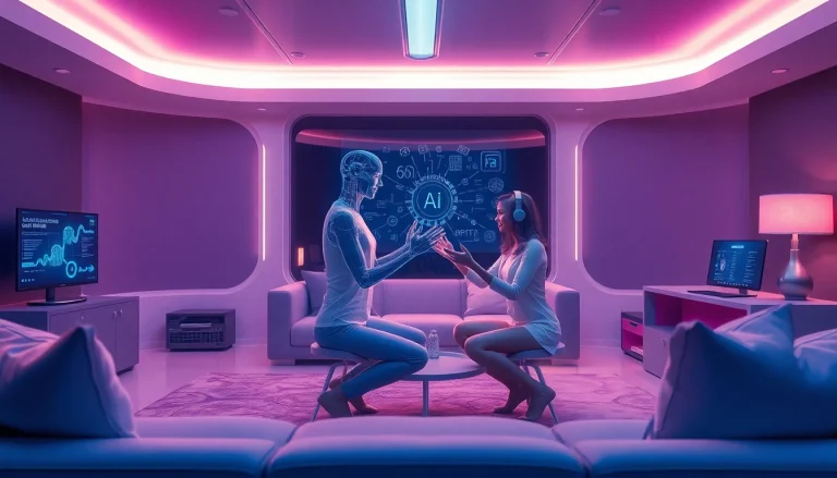 Engaging AI interaction depicting a virtual companion and user, highlighting sex AI advancements in a futuristic setting.