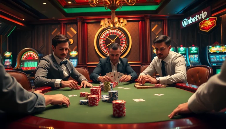 Engaging poker game at https://winbet7.vip/, showcasing luxury, excitement, and high-stakes betting action.