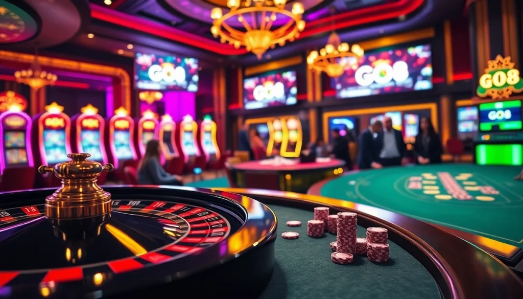 Experience luxury gambling at Go8's casino tables with vibrant slot machines and exciting poker games.