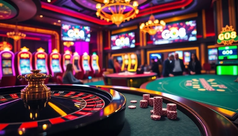 Experience luxury gambling at Go8's casino tables with vibrant slot machines and exciting poker games.
