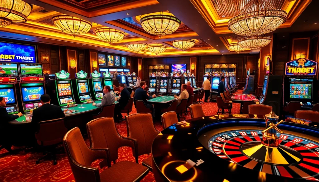 Exciting THABET casino scene with players engaged in poker and roulette games.