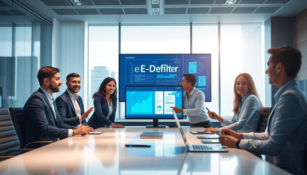 E-defter collaboration among professionals in a modern office environment, showcasing digital transformation.