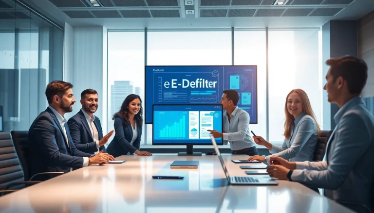 E-defter collaboration among professionals in a modern office environment, showcasing digital transformation.