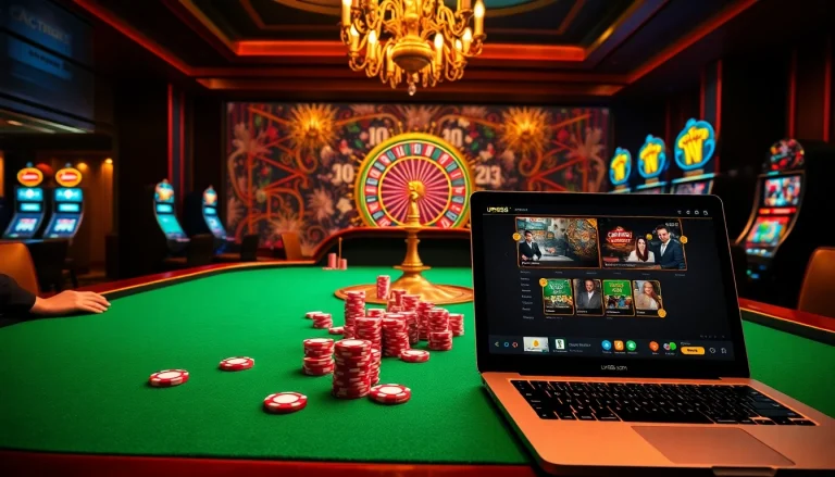 Experience high-stakes gaming excitement at urr88.com with luxurious poker and roulette scenes.