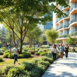 Community gathering at LC88 Land featuring greenery, urban elements, and social activities.