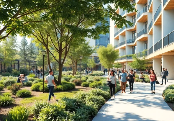 Community gathering at LC88 Land featuring greenery, urban elements, and social activities.