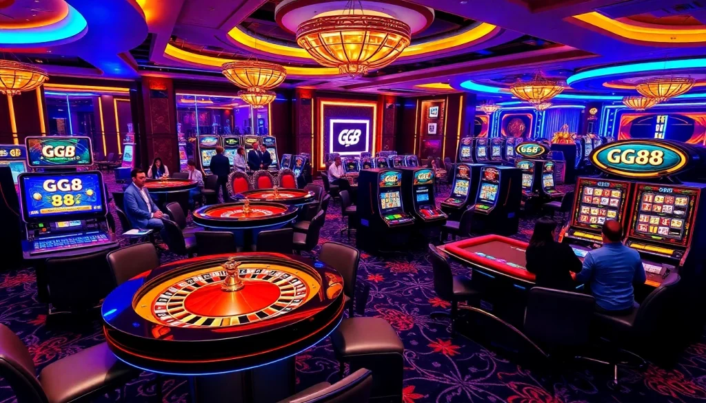 GG 88 casino tables with players enjoying thrilling gaming experiences in a luxurious setting.