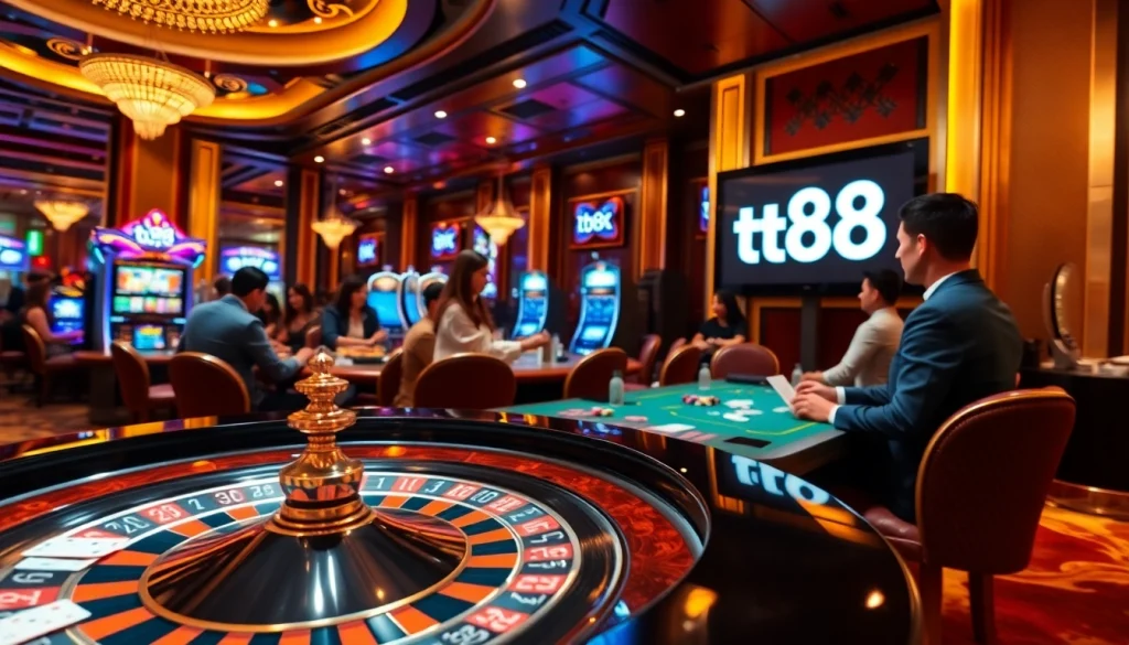 Players enjoying a thrilling gaming experience at TV88 casino, featuring roulette and poker elements.