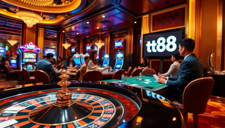Players enjoying a thrilling gaming experience at TV88 casino, featuring roulette and poker elements.