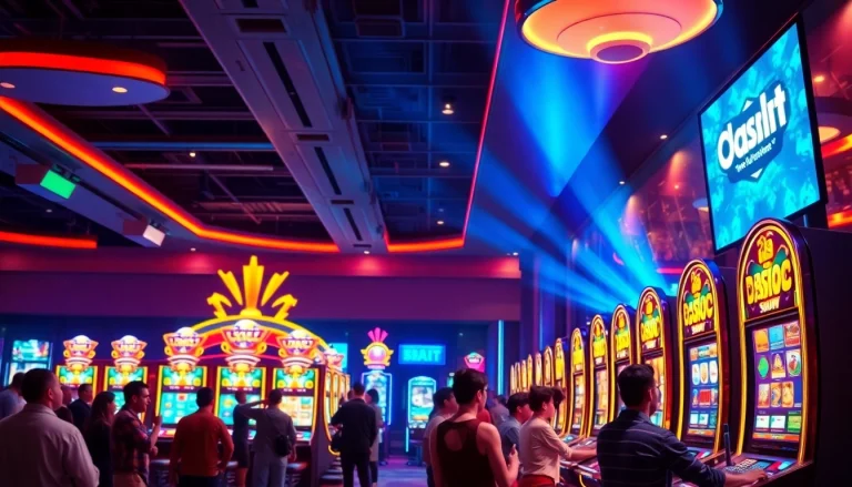 Excited players enjoying the doaslot slot at a vibrant casino filled with flashing lights.