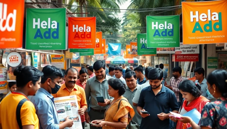 Engaging scene of Hela Add in a vibrant Sri Lankan marketplace showcasing diverse advertising.