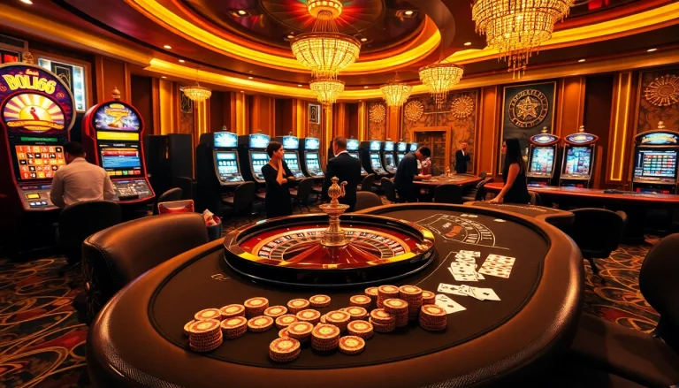 Players enjoy thrilling games at Hello88 casino with poker tables and roulette wheels.