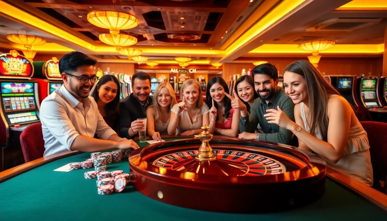 Players enjoying thrilling games at nhà cái sv66 casino, with vibrant poker chips and roulette wheel.