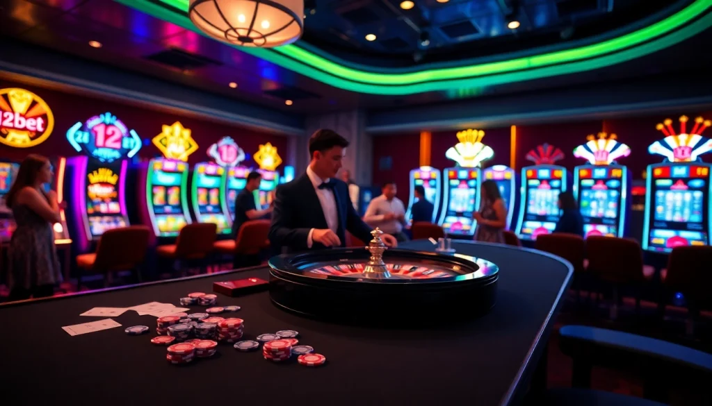 Experience thrilling gameplay at 12bet with vibrant casino scenes featuring poker and roulette.
