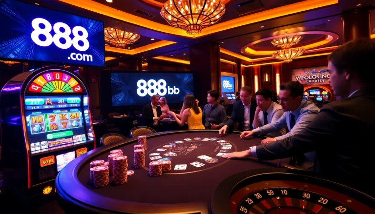 Players winning at a luxurious poker table showcasing the vibrant 888b com gambling scene.