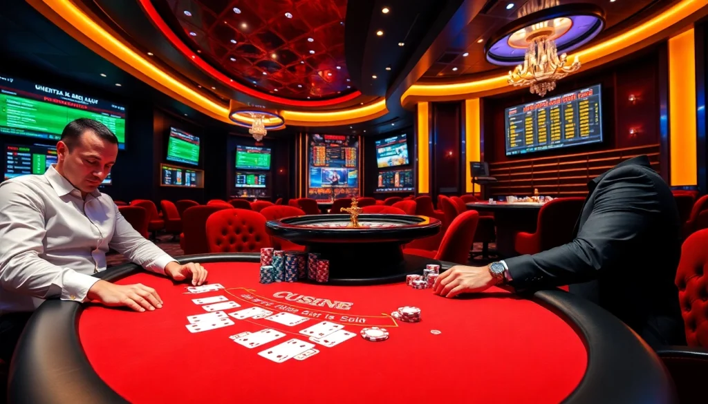 Engaging scene of poker at https://nhandinhkeonhacai.news/ with vibrant chips and digital betting screens.