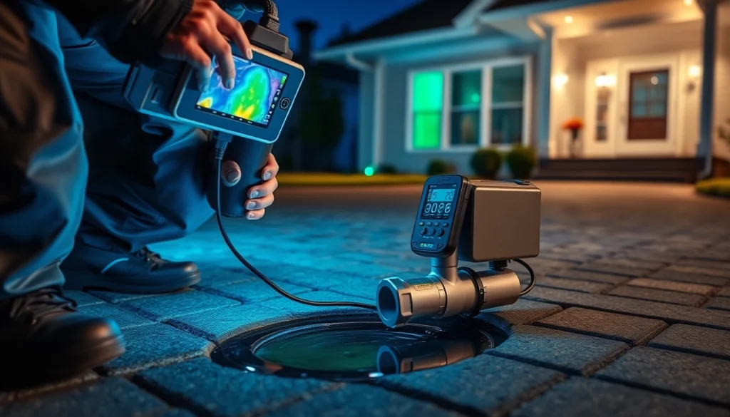 Underground leak detection in progress with a professional technician using advanced equipment.
