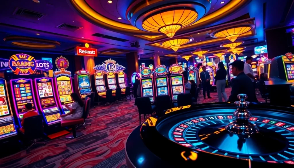 Experience thrilling gameplay at Situs Slot Terpercaya with vibrant slot machines attracting eager gamblers.