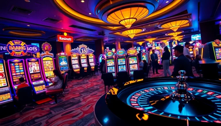Experience thrilling gameplay at Situs Slot Terpercaya with vibrant slot machines attracting eager gamblers.
