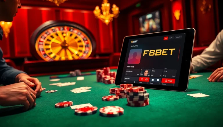 Intense players strategizing at a poker table with chips and cards, showcasing F8BET's premium gambling experience.