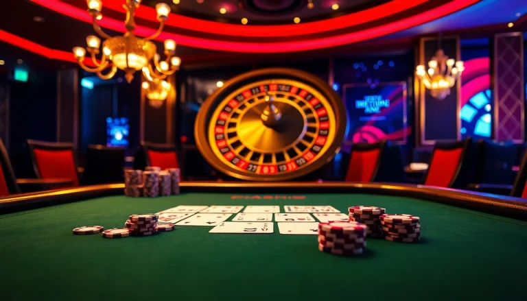 Engaging scene of an upscale casino showcasing 98win trang chu with poker chips and a roulette wheel.