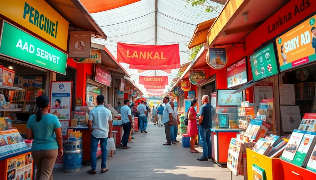 Lanka Ad display in a bustling Sri Lankan marketplace showcasing personal and spa advertisements.