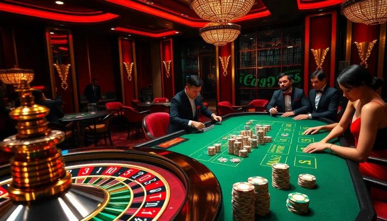 The excitement of baccarat and roulette at https://jun88buzz.info/ casino table, showcasing professional players and vibrant decor.