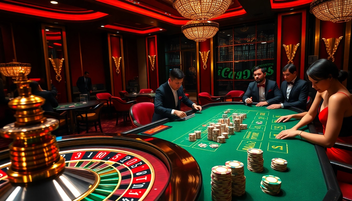 The excitement of baccarat and roulette at https://jun88buzz.info/ casino table, showcasing professional players and vibrant decor.