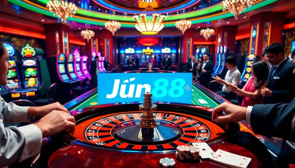 Engage in an exciting casino experience with Jun88, featuring poker chips and a vibrant roulette table.