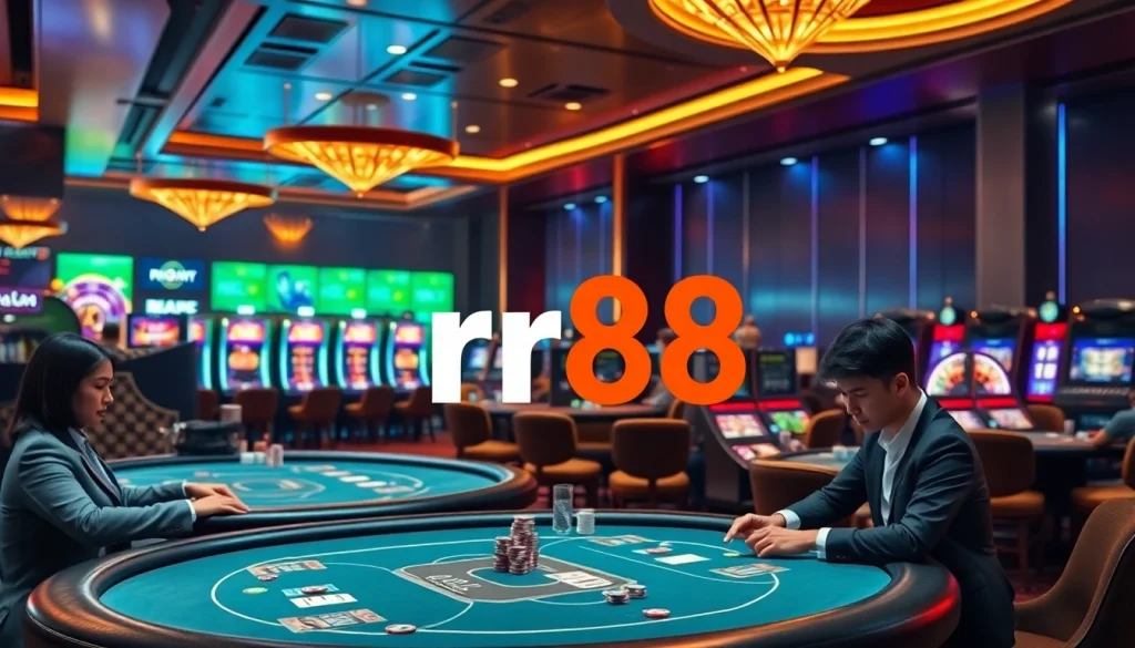 Experience exciting gameplay at rr88 with vibrant casino tables, poker chips, and slot machines.