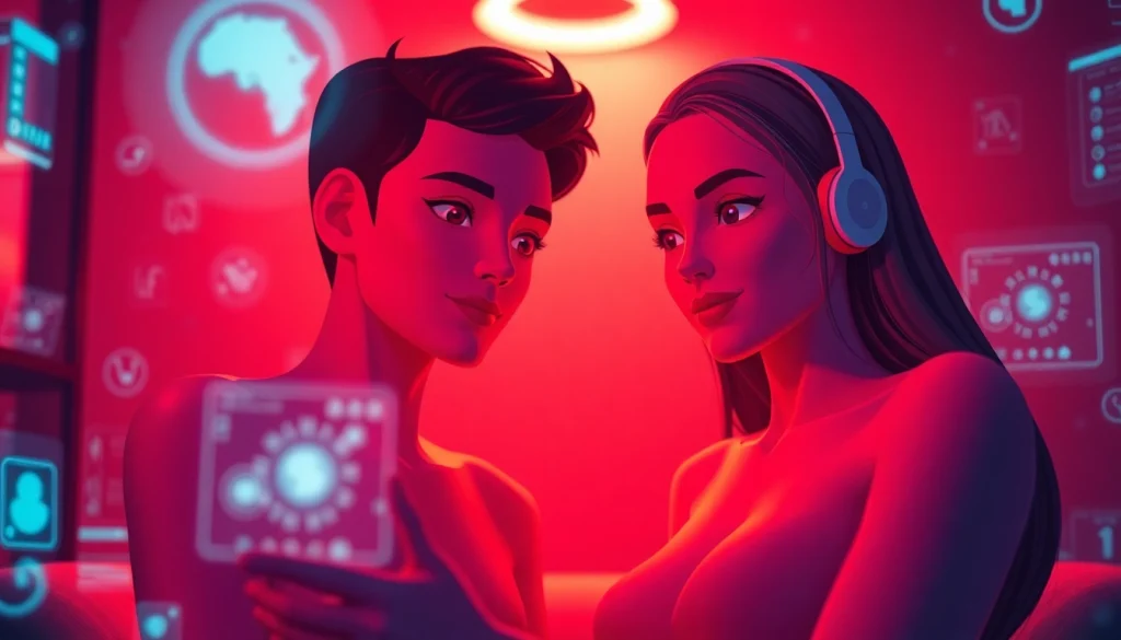 Engaging AI sexchat experience with digital avatars in a vibrant, intimate setting.