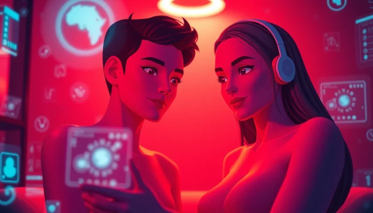Engaging AI sexchat experience with digital avatars in a vibrant, intimate setting.