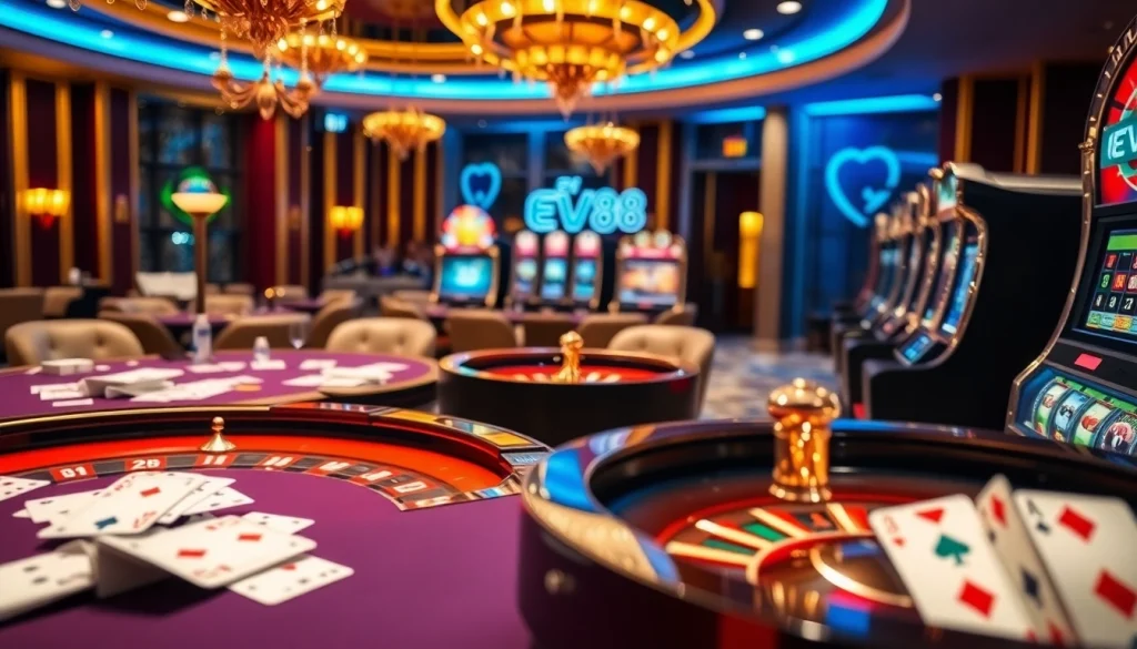Experience the thrill of Nhà cái EV88 with a luxurious casino atmosphere featuring tables and games.