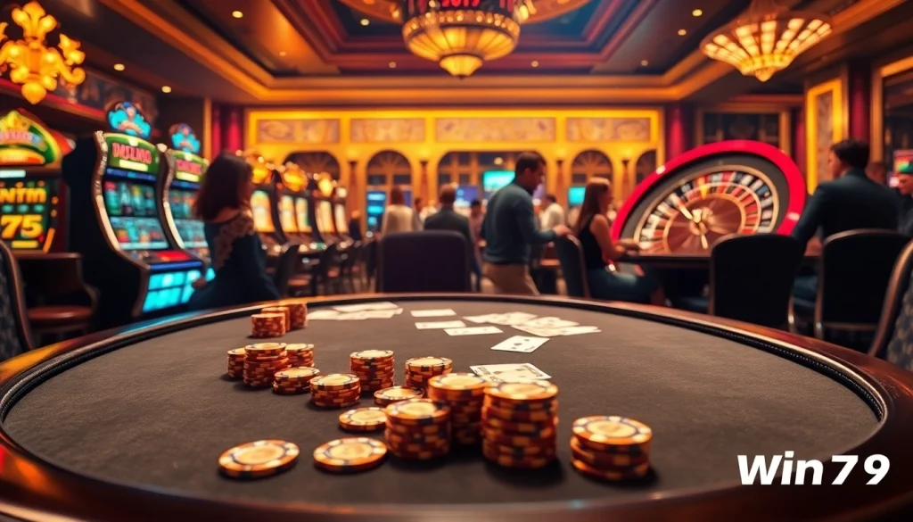Win79 players enjoy an exhilarating poker game in a luxurious casino setting.