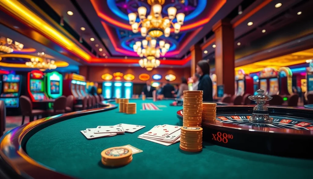 Experience the excitement of gaming at xx88.com with vibrant tables, poker chips, and roulette wheels in a luxurious casino scene.