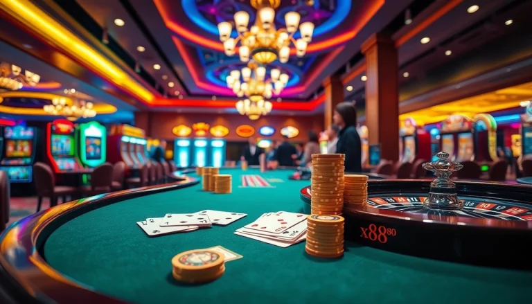 Experience the excitement of gaming at xx88.com with vibrant tables, poker chips, and roulette wheels in a luxurious casino scene.