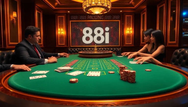 Players enjoy a competitive blackjack game in a luxurious setting featuring 88i elements, showcasing casino excitement.