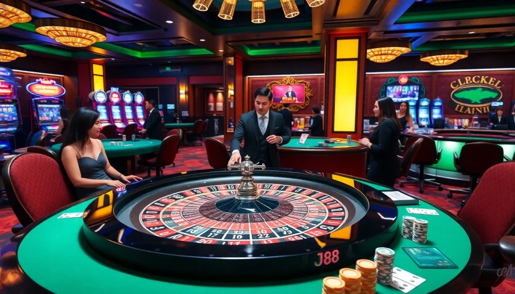 Experience the thrill of the J88 roulette table in a luxurious casino environment, complete with elegant players and vibrant ambiance.